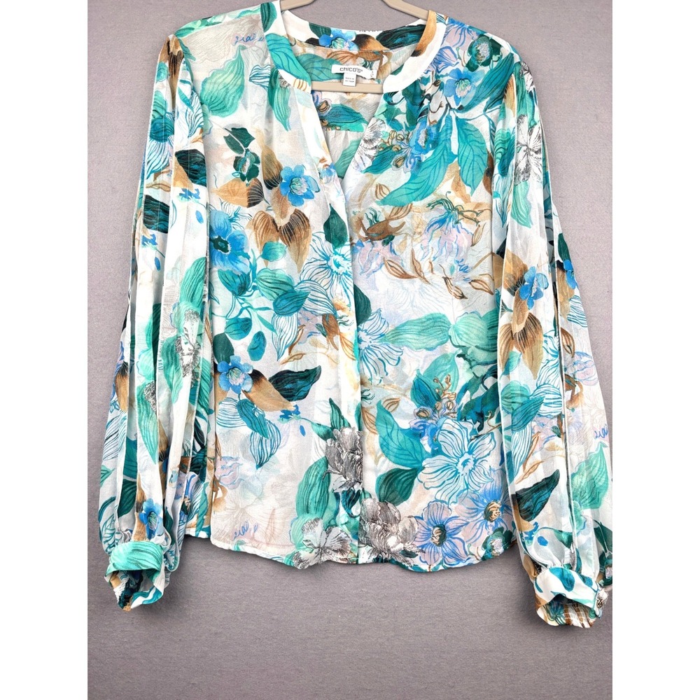 Chico's Blouse Womens 3 XL 16 Floral Split Sleeve V-Neck Boho Coastal